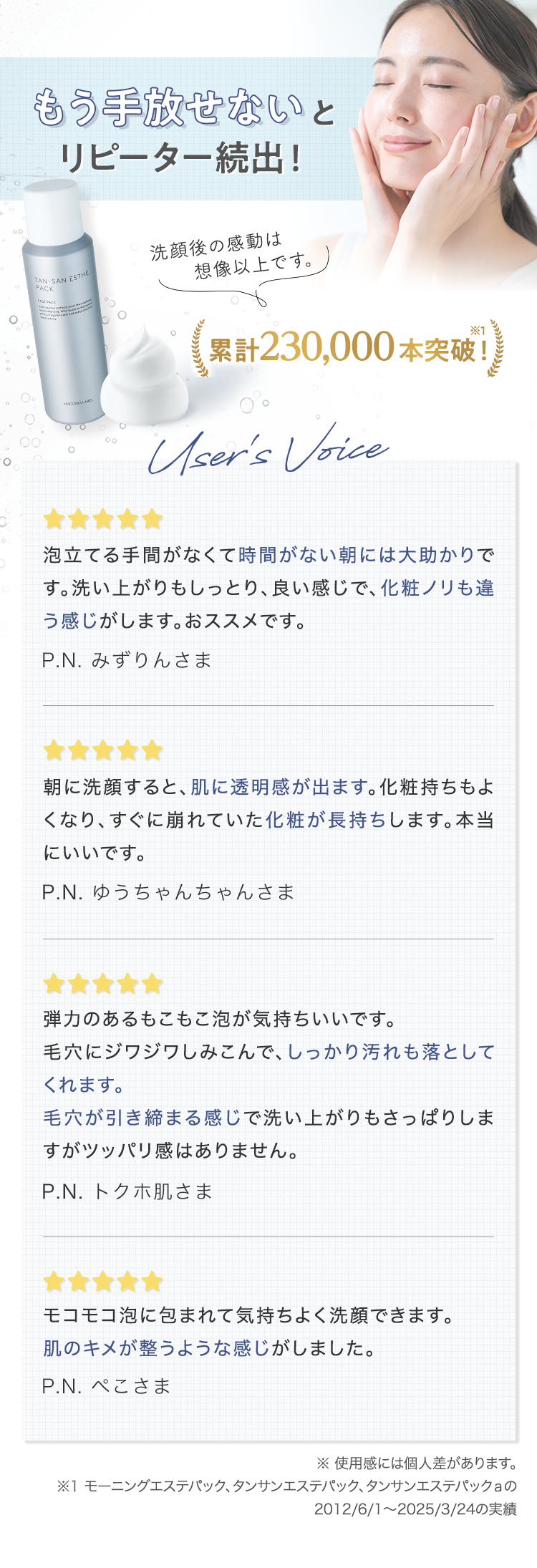 もう手放せないとリピーター続出! 洗顔後の感動は想像以上です。 累計230,000本※1突破! user's voice | 泡立てる手間がなくて時間がない朝には大助かりです。洗い上がりもしっとり、良い感じで、化粧ノリも違う感じがします。おススメです。P.N. みずりんさま | 朝に洗顔すると、肌に透明感が出ます。化粧持ちもよくなり、すぐに崩れていた化粧が長持ちします。本当にいいです。P.N. ゆうちゃんちゃんさま | 弾力のあるもこもこ泡が気持ちいいです。毛穴にジワジワしみこんで、しっかり汚れも落としてくれます。毛穴が引き締まる感じで洗い上がりもさっぱりしますがツッパリ感はありません。P.N. トクホ肌さま | モコモコ泡に包まれて気持ちよく洗顔できます。肌のキメが整うような感じがしました。P.N. ぺこさま | ※ 使用感には個人差があります。 ※1 モーニングエステパック、タンサンエステパック、タンサンエステパックａの2012/6/1～2025/3/24の実績