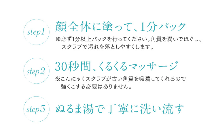 step1 顔全体に塗って、1分パック step2 30秒間、くるくるマッサージ step3 ぬるま湯で丁寧に洗い流す