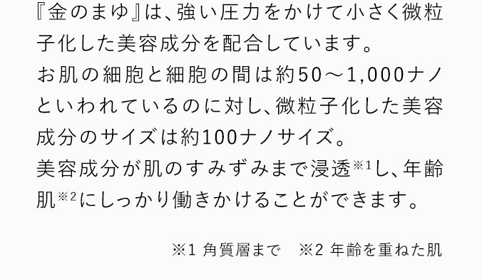 「金のまゆ」は、強い圧力をかけて小さく微粒子化した美容成分を配合しています。