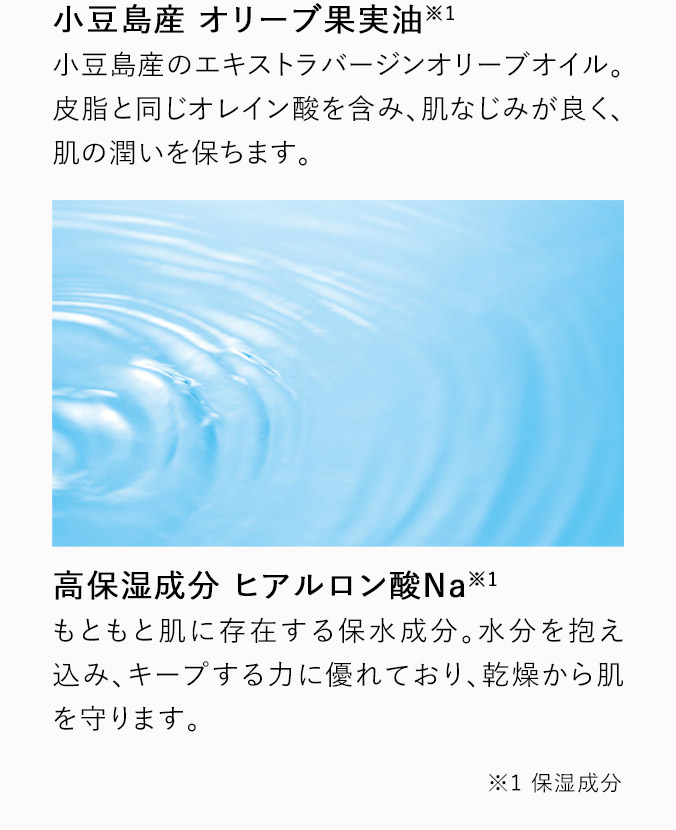 小豆島産 オリーブ果実油※1 高保湿成分 ヒアルロン酸Na※1 ※1 保湿成分