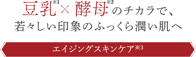 豆乳※1×酵母※2のチカラで、若々しい印象のふっくら潤いはだへ エイジングスキンケア※3 ※1  乳酸桿菌／豆乳発酵液（保湿成分）　※2  酵母エキス（保湿成分） ※3 年齢に応じたうるおいを与えるスキンケア