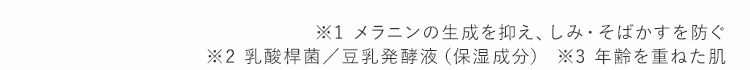 ※1 メラニンの生成を抑え、しみ・そばかすを防ぐ ※2 乳酸桿菌／豆乳発酵液（保湿成分） ※3 年齢を重ねた肌