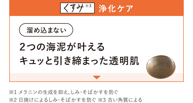 くすみ※3 浄化ケア ※1 メラニンの生成を抑え、しみ・そばかすを防ぐ　※2 日焼けによるしみ・そばかすを防ぐ　※3 古い角質による