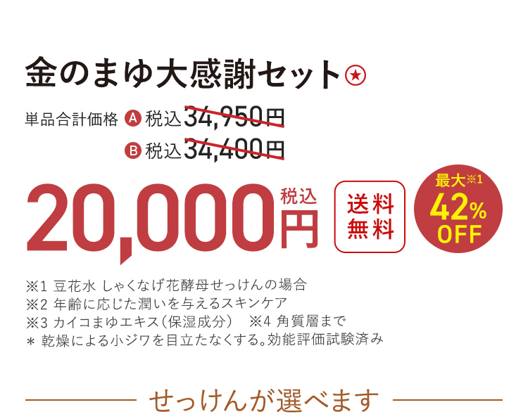 金のまゆ大感謝セット ★ 送料無料 最大42%OFF 単品合計価格 A 税込34,950円 B 税込34,400円 → 税込20,000円