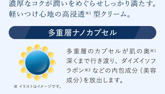 濃厚なコクが潤いをめぐらせしっかり満たす。軽いつけ心地の高浸透型クリーム。