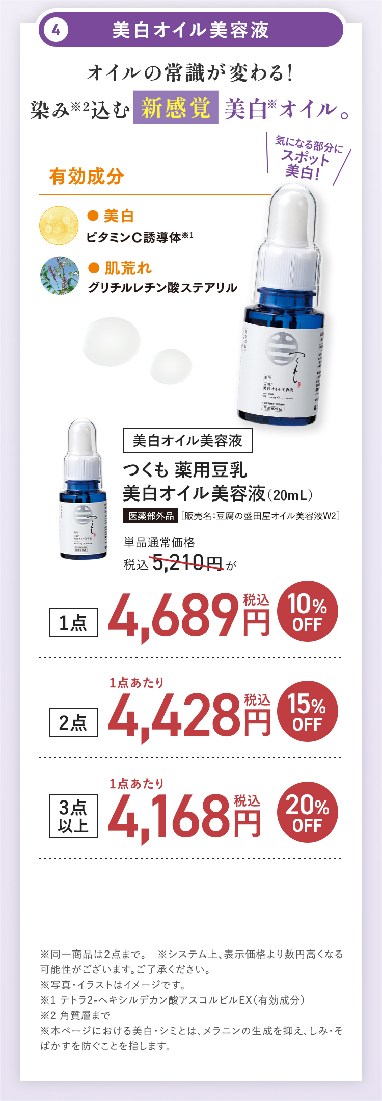 美白オイル美容液 つくも薬用豆乳美白オイル美容液(20mL)。通常価格税込5,210円。1点で10%OFF、2点で15%OFF 3点以上で20%OFF。