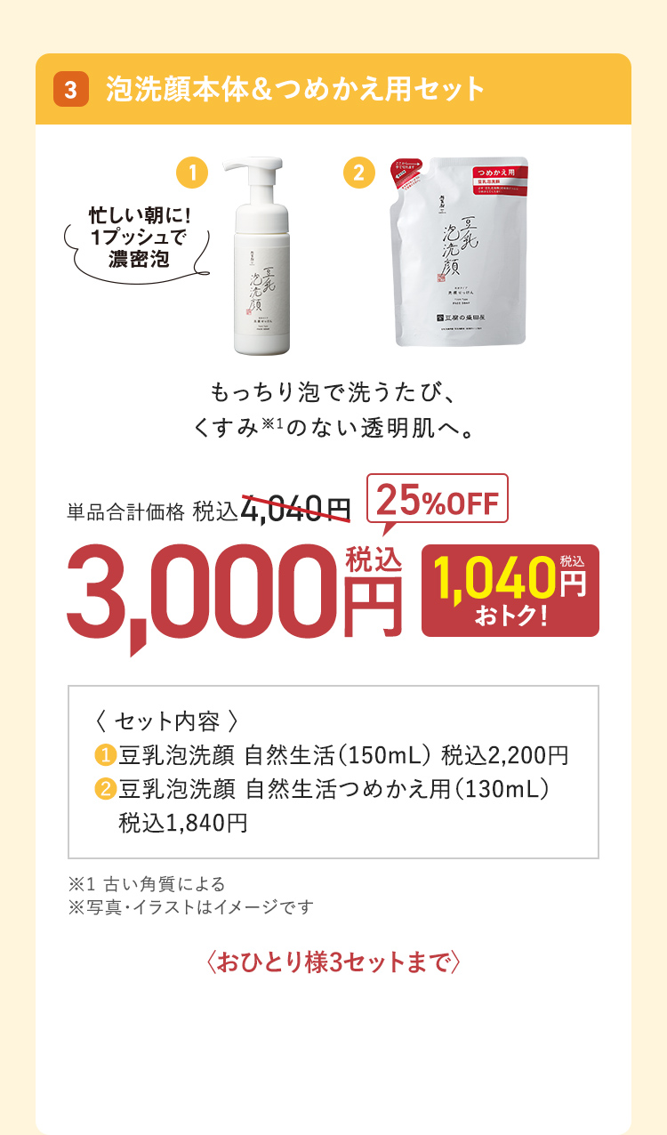 泡洗顔本体&つめかえ用セット 単品合計価格：税込4,040円 → 25%OFF 3,000円（1,040円おトク！）