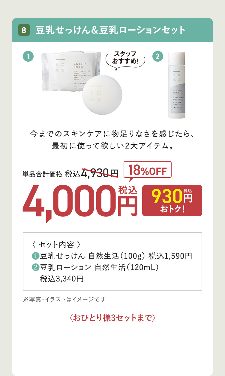 豆乳せっけん&豆乳ローションセット 単品合計価格：税込4,930円 → 18%OFF 4,000円（930円おトク！）