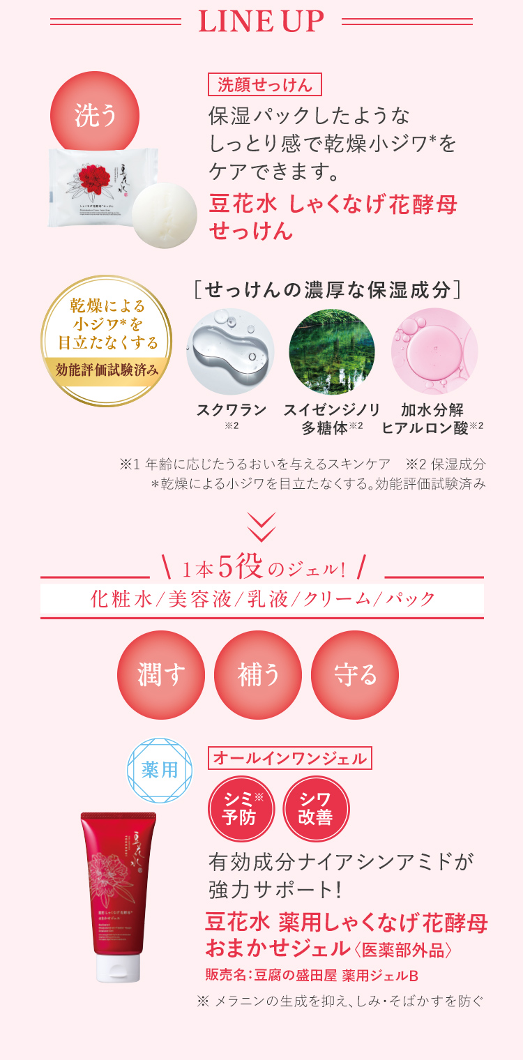 LINE UP 豆花水 しゃくなげ花酵母 せっけん＿豆花水 薬用しゃくなげ花酵母 おまかせジェル〈医薬部外品〉 販売名：豆腐の盛田屋 薬用ジェルB