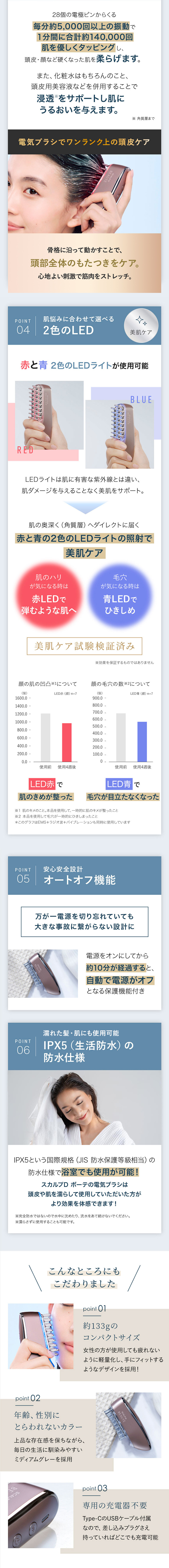 POINT 04 肌悩みに合わせて選べる 2色のLED POINT 05 安心安全設計 オートオフ機能 POINT 06 濡れた髪・肌にも使用可能 IPX5(生活防水)の防水仕様