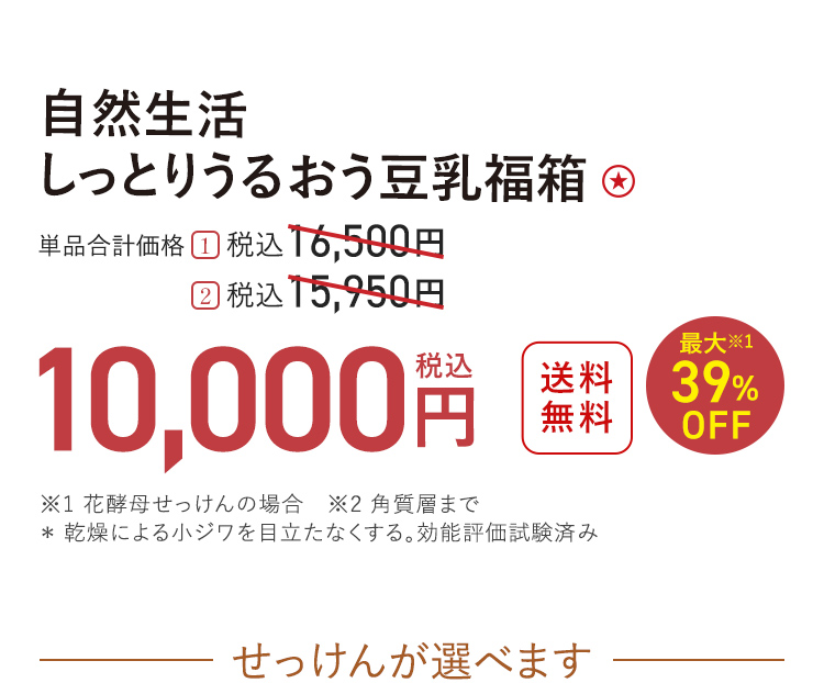 自然生活 しっとりうるおう豆乳福箱 送料無料 最大※1 39%OFF 単品合計価格 １．税込16,500円 → 税込10,000円 ２．税込15,950円 → 税込10,000円 ※1 花酵母せっけんの場合　※2 角質層まで ＊ 乾燥による小ジワを目立たなくする。効能評価試験済み せっけんが選べます
