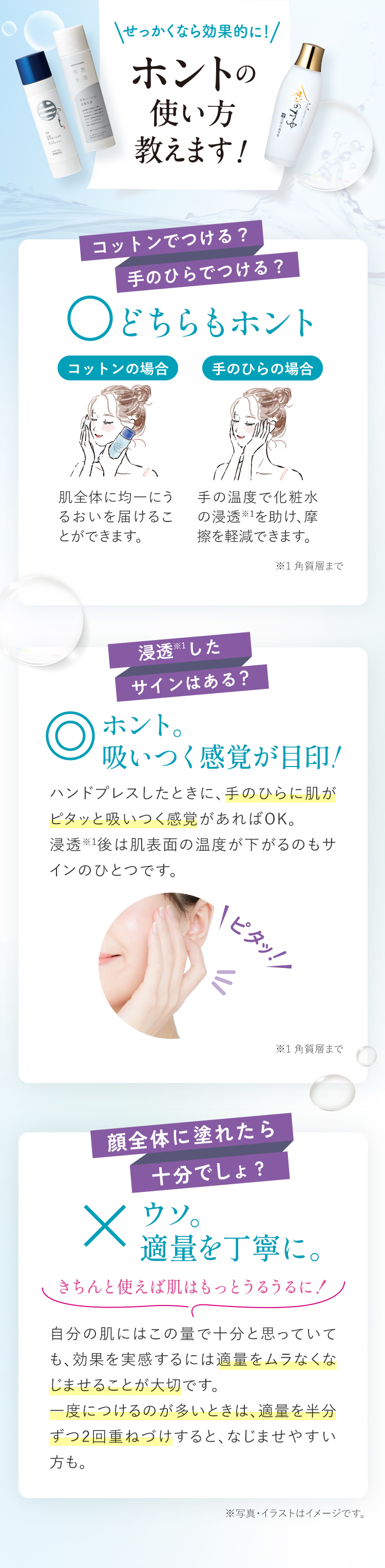 せっかくなら効果的に! ホントの使い方教えます! コットンでつける? 手のひらでつける? どちらもホント 浸透※1したサインはある? ホント。 吸いつく感覚が目印! ※1 角質層まで 顔全体に塗れたら 十分でしょ? ウソ。 適量を丁寧に。
