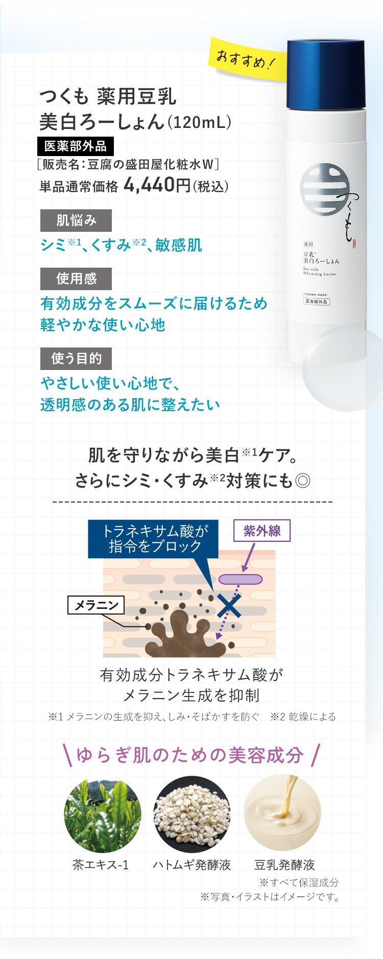おすすめ! つくも薬用豆乳美白ろーしょん (120mL) 医薬部外品 [販売名:豆腐の盛田屋化粧水W] 単品通常価格 4,440円(税込)