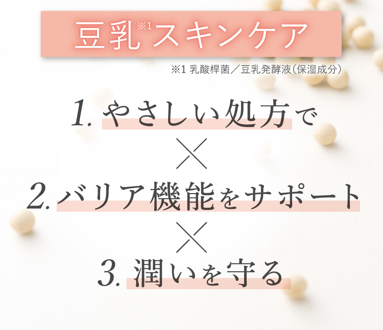 豆乳スキンケア　1.やさしい処方で　2.バリア機能を高め　3.潤いを守る