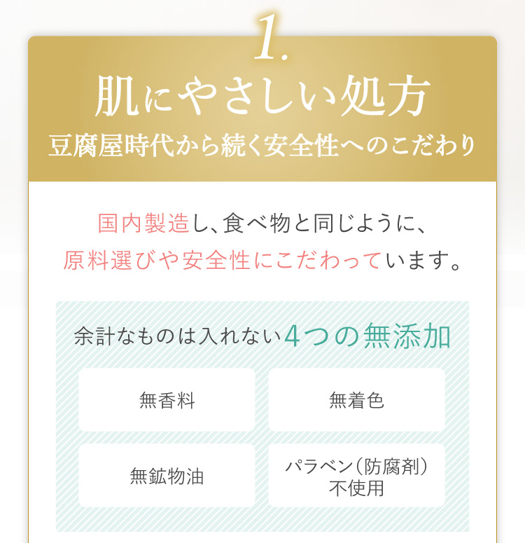 1.肌にやさしい処方 豆腐屋時代から続く安全性へのこだわり　余計なものは入れない4つの無添加