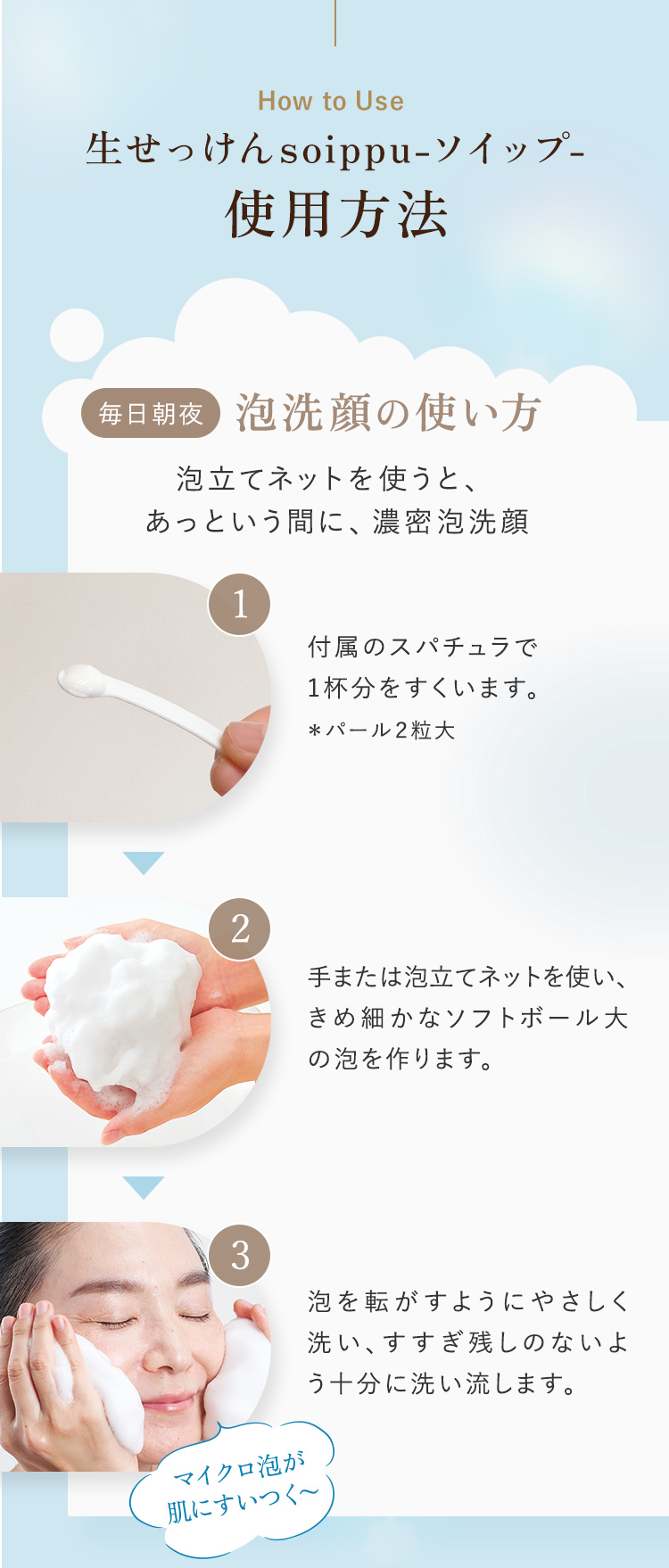 生せっけんsopppu-ソイップ-使用方法｜毎日朝夜 泡洗顔の使い方
