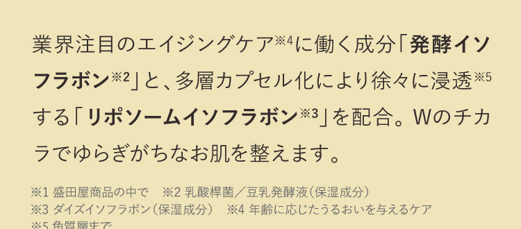 業界注目のエイジングケア※4に働く成分「発酵イソフラボン※2」と、多層カプセル化により徐々に浸透する「リポソームイソフラボン※3」を配合。 Wのチカラでゆらぎがちなお肌を整えます。
