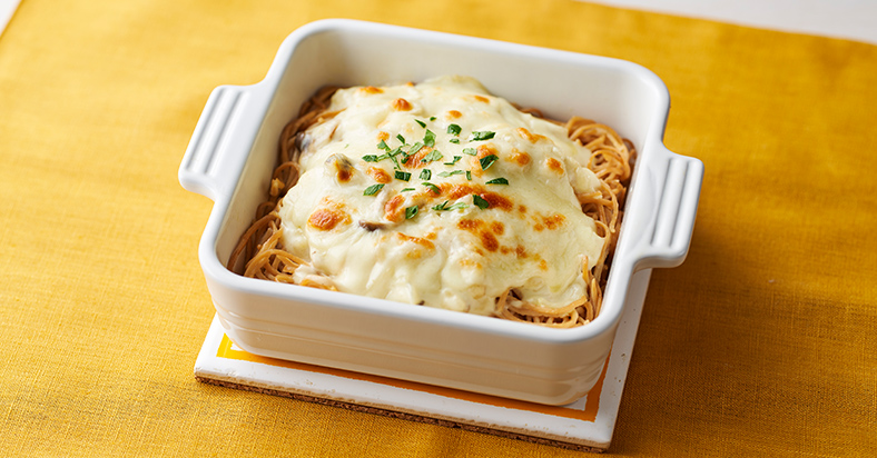 鶏ささみとマッシュルームの麺グラタン