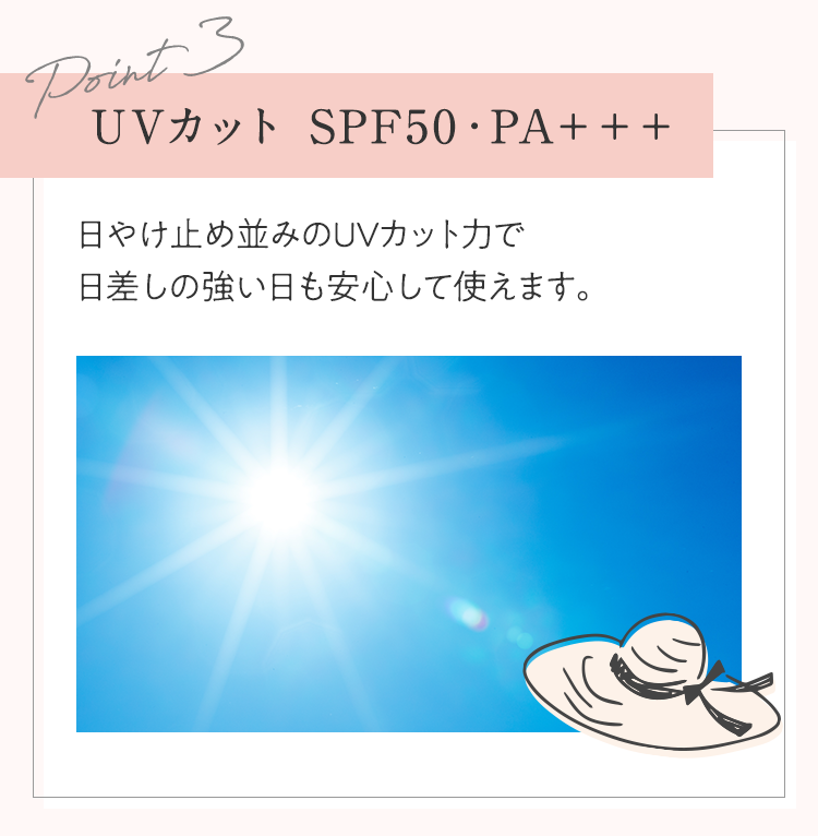 Point3 UVカット SPF50・PA＋＋＋ 日やけ止め並みのUVカット力で日差しの強い日も安心して使えます。