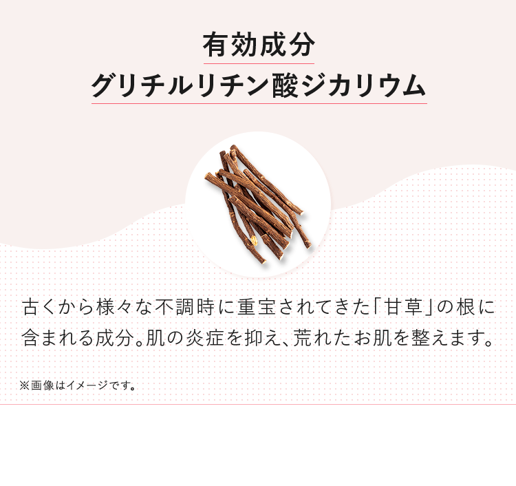 有効成分グリチルリチン酸ジカリウム 古くから様々な不調時に重宝されてきた「甘草」の根に含まれる成分。肌の炎症を抑え、荒れたお肌を整えます。 ※画像はイメージです。