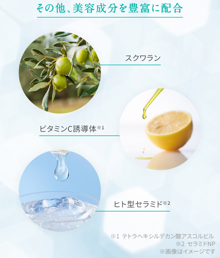 その他、美容成分を豊富に配合 スクワラン ビタミンC誘導体※1 ヒト型セラミド※2 ※1  テトラヘキシルデカン酸アスコルビル※2  セラミドNP※画像はイメージです
