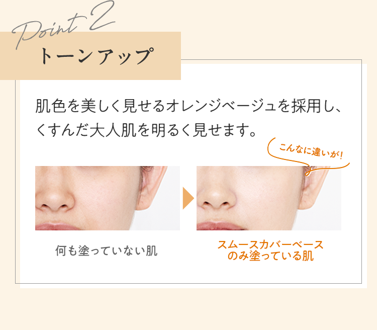 Point2 トーンアップ 肌色を美しく見せるオレンジベージュを採用し、くすんだ大人肌を明るく見せます。