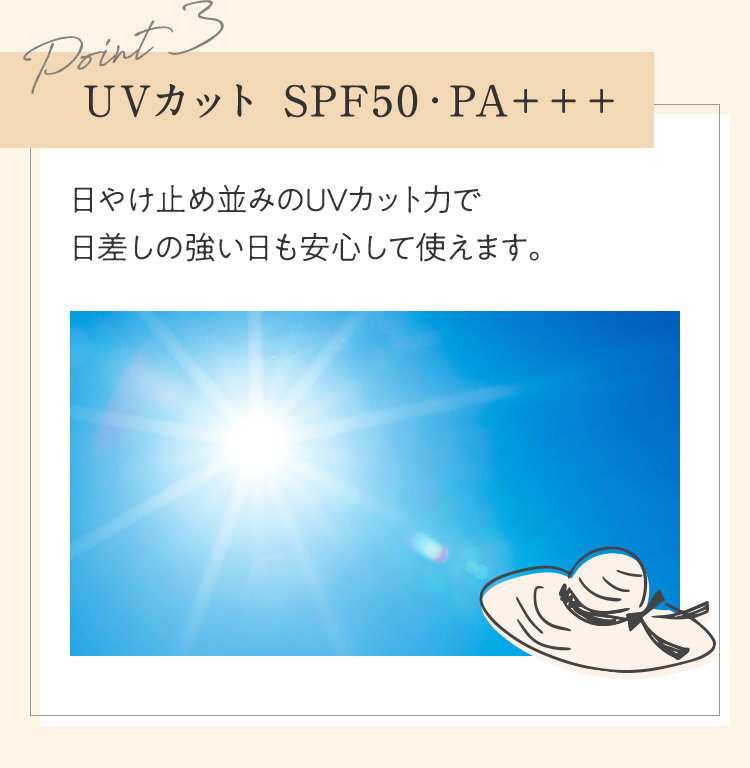Point3 UVカット SPF50・PA＋＋＋ 日やけ止め並みのUVカット力で日差しの強い日も安心して使えます。