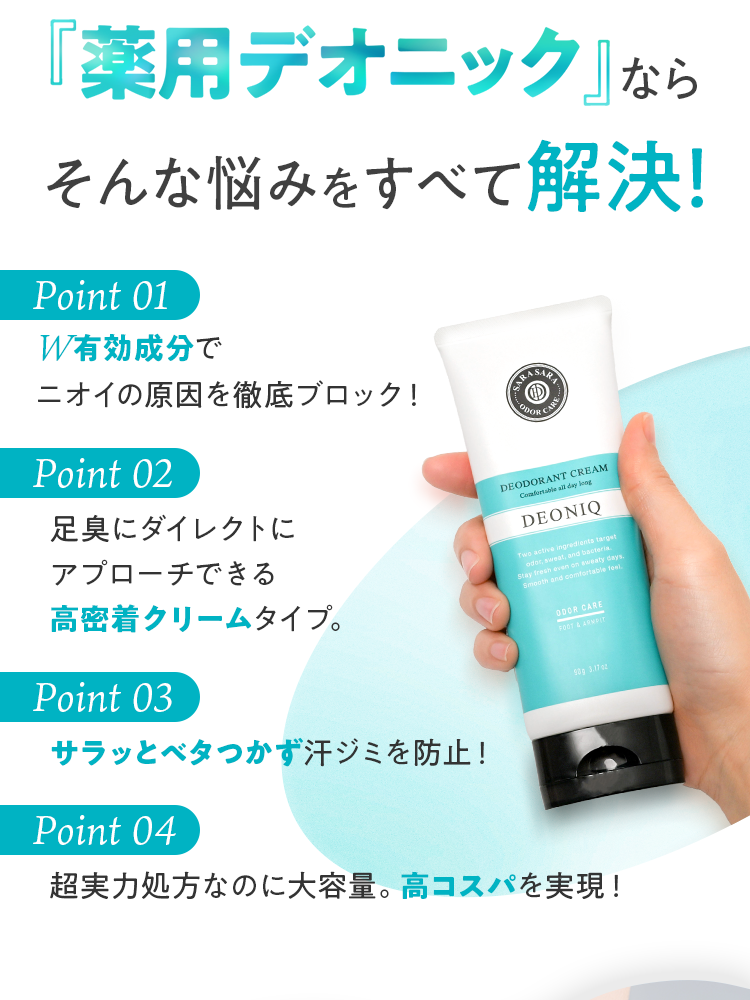 「薬用デオニック」ならそんな悩みをすべて解決！｜Point01 W有効成分でニオイの原因を徹底ブロック！　Point02 足臭にダイレクトにアプローチできる高密着クリームタイプ。　Point03 サラッとベタつかず汗ジミを防止！　Point04 超実力処方なのに大容量。高コスパを実現！
