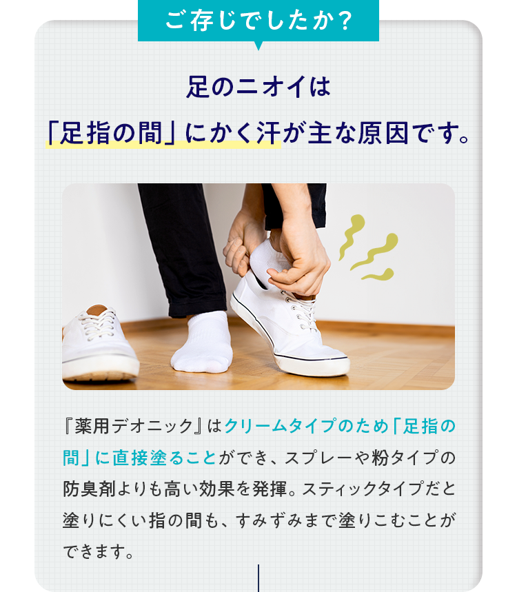 足のニオイは「足指の間」にかく汗が主な原因です。