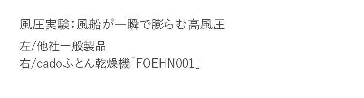 風圧実験：風船が一瞬で膨らむ高風圧 左/他社一般製品 右/cadoふとん乾燥機「FOEHN001」