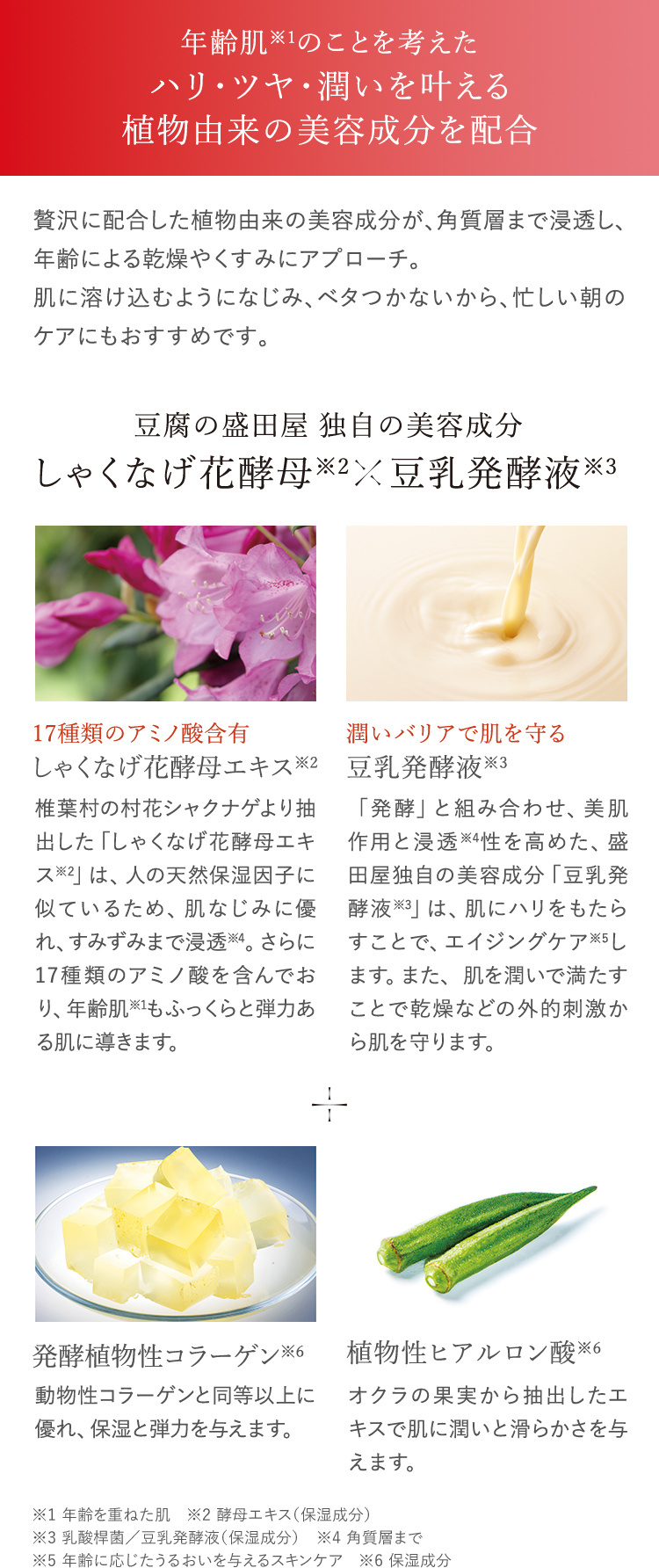 年齢肌※1のことを考えた ハリ・ツヤ・潤いを叶える植物由来の美容成分を配合 ※1 年齢を重ねた肌