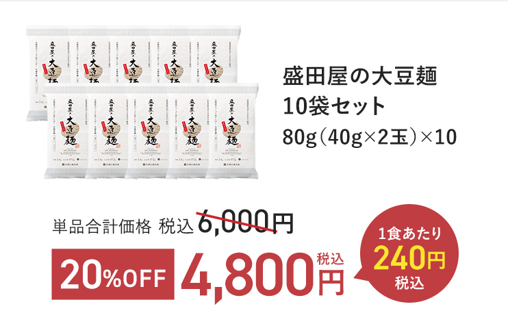盛田屋の大豆麺10袋セット 80g(40g×2玉)×10 単品合計価格 税込6,000円 → 20%OFF 税込4,800円 一番オトク 1食あたり税込240円