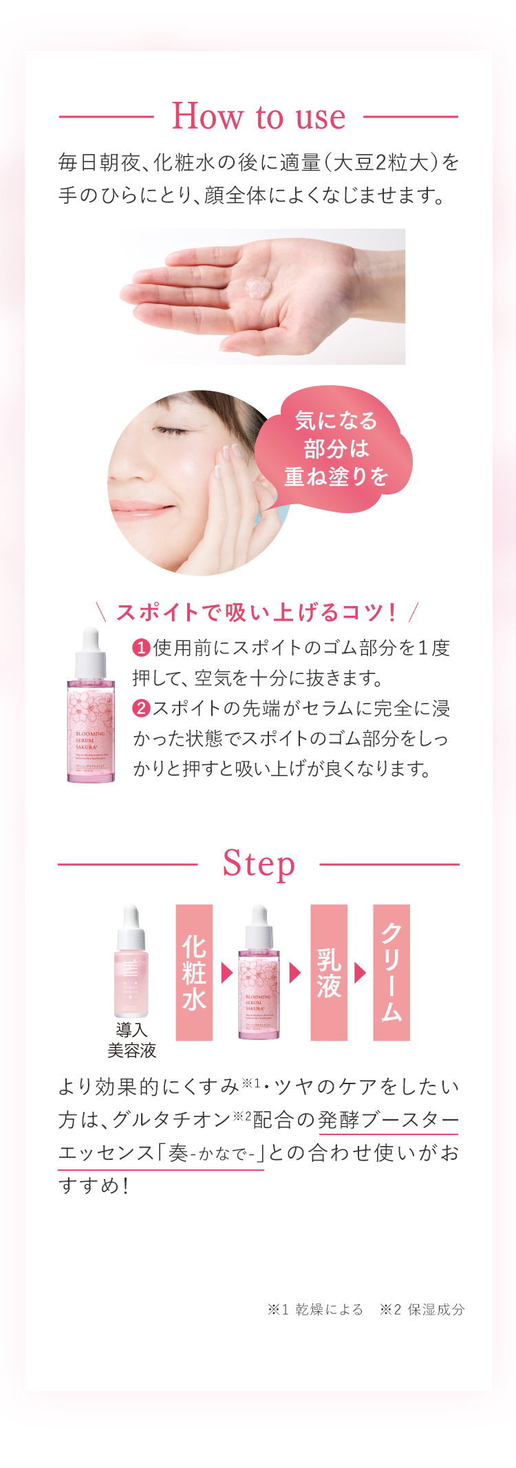 How to use 毎日朝夜、化粧水の後に適量(大豆2粒大)を手のひらにとり、顔全体によくなじませます。