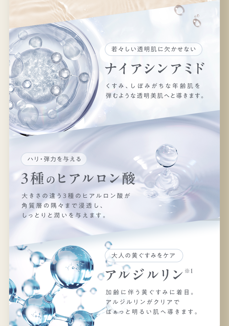 若々しい透明肌に欠かせないナイアシンアミド ハリ・弾力を与える 3種のヒアルロン酸 大人の黄ぐすみをケア アルジルリン