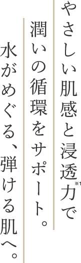 やさしい肌感と浸透力で潤いの循環をサポート。水がめぐる、弾ける肌へ。