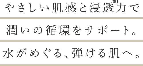 やさしい肌感と浸透力で潤いの循環をサポート。水がめぐる、弾ける肌へ。