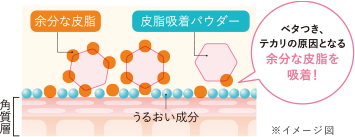 ベタつき。テカリの原因となる余分な皮脂を吸着！